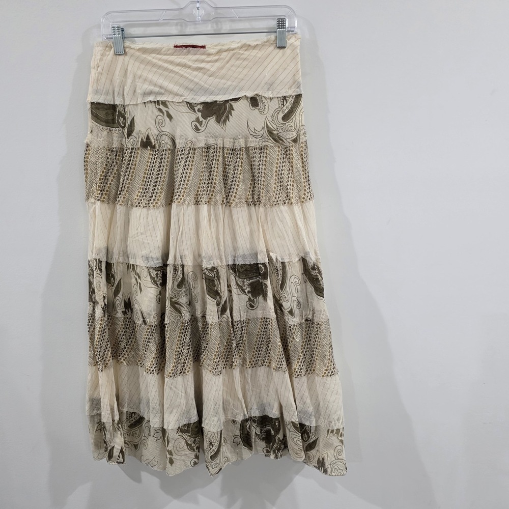 Womens Tiered Maxi Skirt Size Medium Boho Paisley Metallic Indie Cottage Fairy